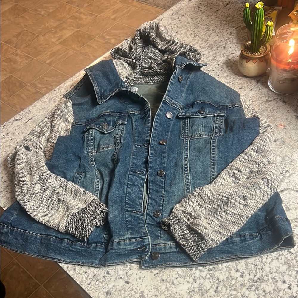 Denim Jacket with Knit Sleeves